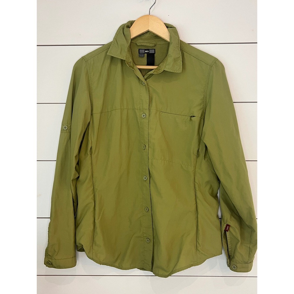 REI Sahara Womens Long Sleeve Hiking Shirt Green UPF 30 Roll Tab Small gorpcore